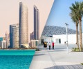 Abu Dhabi City Tour Combo beautiful skyline next to beach and group of people walking to Louvre Museum Abu Dhabi 