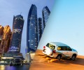 “A desert safari combo with a vehicle driving on the desert and Abu Dhabi City Tour combo  with tall buildings in the background”