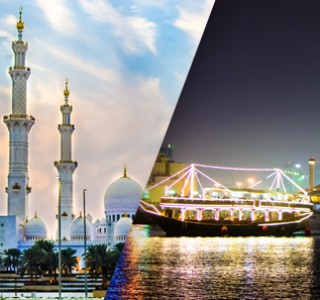 “Abu Dhabi City Tour on daylight with Sheikh Zayed Mosque and Dhow Cruise at night with sky and water”