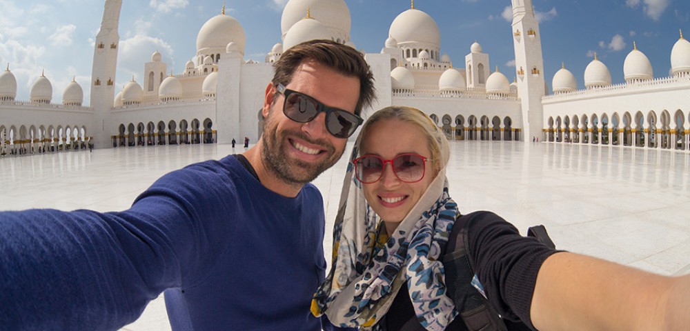 “Sheikh Zayed Mosque and Ferrari World in the daylight during Abu Dhabi City Tour Combo”