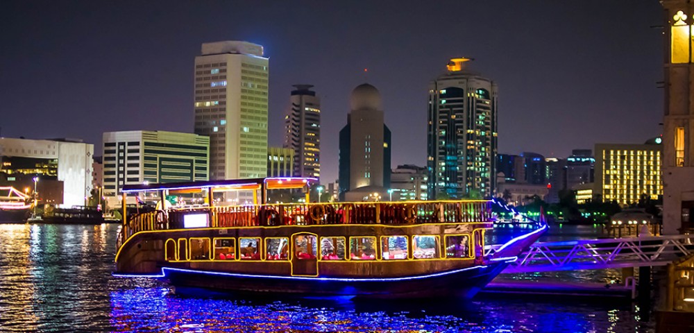 Dubai Sightseeing City Tour Combo Dubai Frame and Dhow Cruise Marina at night