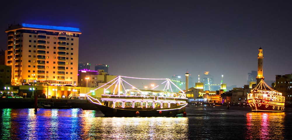 Dubai City Sightseeing Tour Combo amazing skyline and Cruise Combo Deals dhow at night