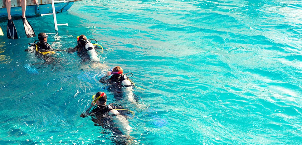 Group learning Dubai PADI Advanced Open Water Course underwater