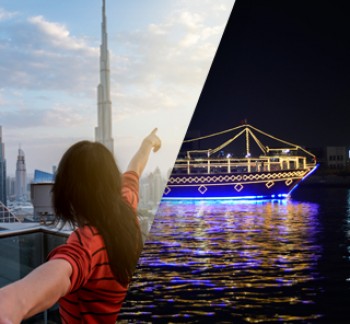 Dubai Sightseeing City Tour, a woman pointing to Burj Khalifa and Cruise Combo Deals Creek at night