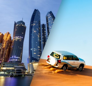 “A desert safari combo with a vehicle driving on the desert and Abu Dhabi City Tour combo  with tall buildings in the background”