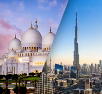 “Abu Dhabi and Dubai City Sightseeing Tour attractions with Sheikh Zayed Mosque and Burj Khalifa”