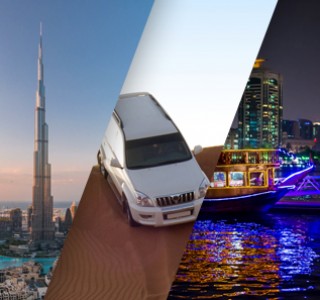 Dubai Sightseeing City Tour Combo, white 4*4 vehicle in the dunes Desert Safari and Dhow Cruise Combo dhow in the night
