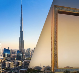 Dubai Sightseeing City Tour Combo Burj Khalifa with blue sky background and Dubai Frame