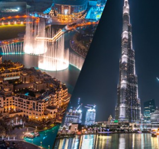 Dubai Sightseeing City Tour Combo well lit fountain and Burj Khalifa at night