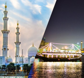 “Abu Dhabi City Tour on daylight with Sheikh Zayed Mosque and Dhow Cruise at night with sky and water”