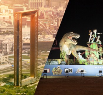 Dubai Sightseeing City Tour Combo Dubai Frame at day light and IMG Worlds of Adventure roaring dinosaur at night